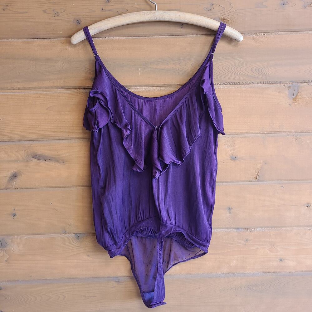 Free People Not Tired Bodysuit Top Satin Ruffled Tank Blouse Small Plum Purple - Picture 3 of 6